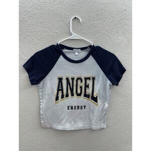 Orange Kiss Womens Crop Top Size Large White Graphic Angel Energy Short Sleeve